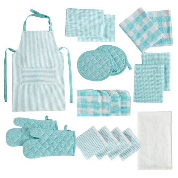 20 Piece Kitchen Towel Sets with Pot Holders - Cotton Dish Towels, Heat Resistant Kitchen Mittens and Pot Holder Set, Aprons for Cooking, Absorbent Dish Towels for Kitchen Drying - Aqua