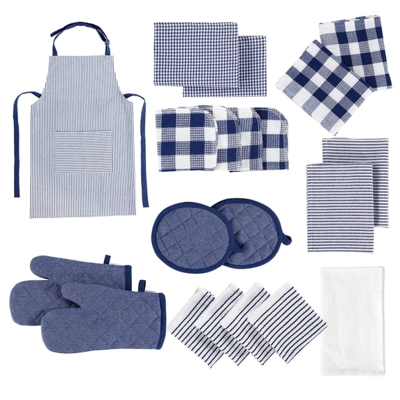 20 Piece Kitchen Towels and Dishcloths Sets - Cotton Dish Towels, Heat Resistant Kitchen Mittens & Pot Holder Set, Apron for Women with Pocket, Absorbent Dish Towels for Kitchen Drying - Indigo