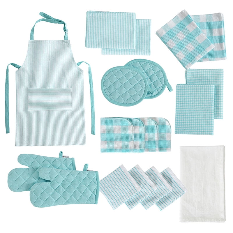 20 Piece Kitchen Towel Sets with Pot Holders - 100% Cotton Dish Towels, Heat Resistant Kitchen Mittens and Pot Holder Set, Aprons for Cooking, Absorbent Dish Towels for Kitchen Drying - Aqua - Walmart.com