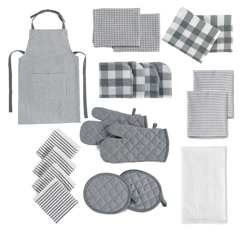 20 Piece Kitchen Linen and Towels Sets - 100% Cotton Dish Towels, Heat Resistant Kitchen Mittens and Pot Holder Set, Apron with Pocket, Absorbent Dish Towels for Kitchen Drying - Gray - Walmart.com
