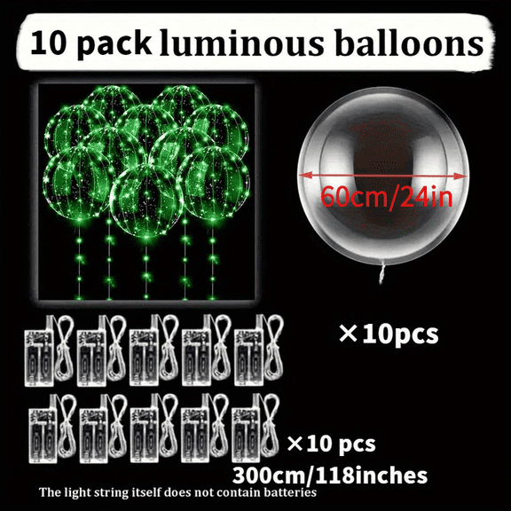 20-Piece LED Bubble Balloon Set, 10 x 24-Inch Balloons + 3.94 x 118.11inch LED String Lights, Reusable Thickened Glow Balloons for Lawn Weddings, Birthday Parties, Graduations, Home Decor, Christmas
