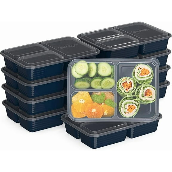 20-Piece Lightweight, Durable, Reusable BPA-Free 3-Compartment Containers - Microwave, Freezer, Dishwasher Safe - Navy Blue