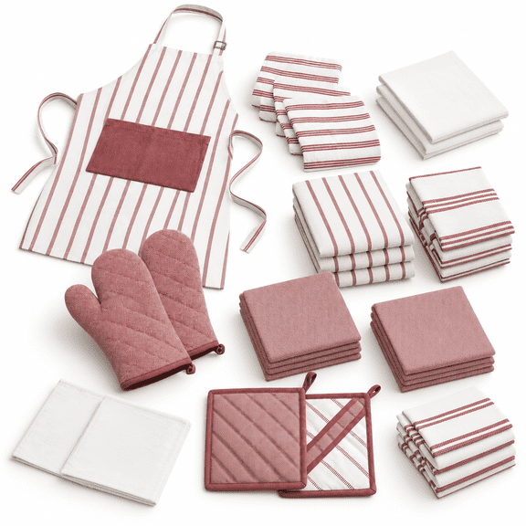 20-Piece Maroon Cotton Kitchen Linen Set with Towels, Dishcloths, Scrubbers, Pot Holders, Oven Mitts and Apron