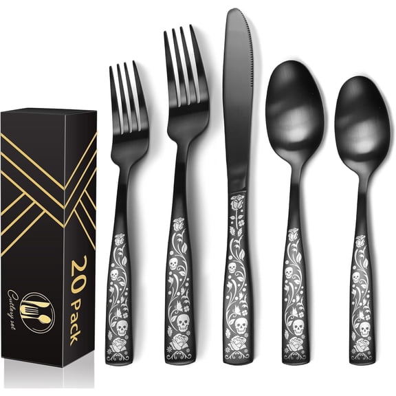 20-Piece Matte Black Silverware Set for 4, Skull Rose Cultery Set 18/0 Stain Finish Stainless Steel, Gothic Skeleton Pattern Decorative Flatware Set, Daily Halloween Party Event Serving For 4