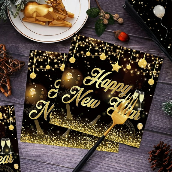 20-Piece New Year Paper Napkins: Black & Gold Festive Design, Disposable Sturdy Absorbent Tableware, Happy New Year Theme for New Year's Eve Holiday Party Gatherings