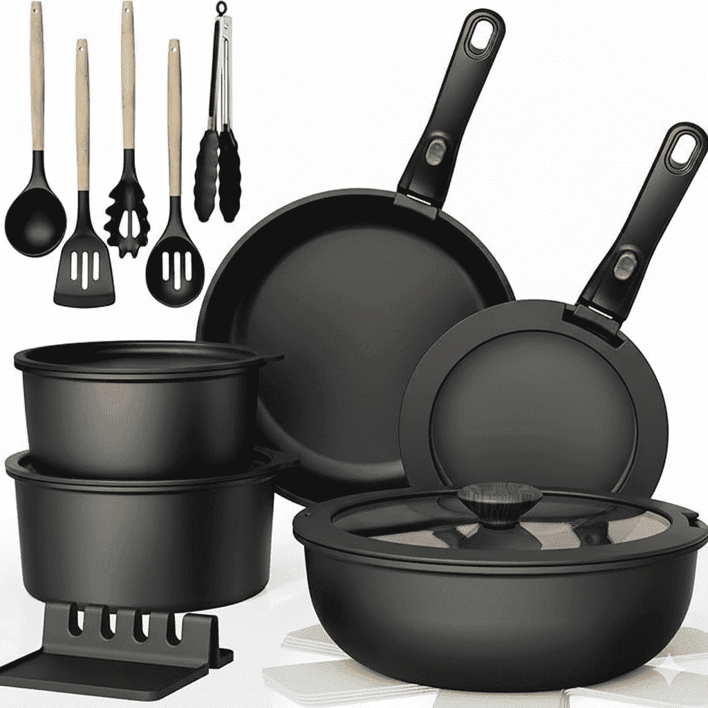 NULAS 21 Piece Pots and Pans Set Non Stick, Stackable RV Kitchen Cooking Set , Cookware Set with Detachable Handle, Dishwasher Safe, Oven Safe, Black