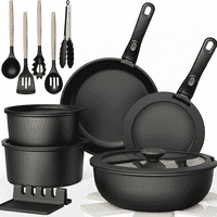21-Piece NULAS Non Stick Stackable Pots and Pans Cooking Set with Detachable Handle (Black)