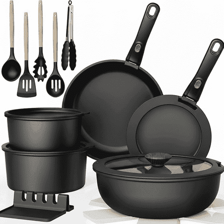 NULAS 21 Piece Pots and Pans Set Non Stick, Stackable RV Kitchen Cooking Set , Cookware Set with Detachable Handle, Dishwasher Safe, Oven Safe, Black