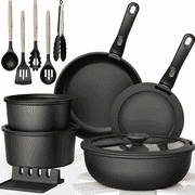 NULAS 21 Piece Pots and Pans Set Non Stick, Stackable RV Kitchen Cooking Set , Cookware Set with Detachable Handle, Dishwasher Safe, Oven Safe, Black