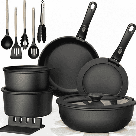 NULAS 21 Piece Pots and Pans Set Non Stick, Stackable RV Kitchen Cooking Set , Cookware Set with Detachable Handle, Dishwasher Safe, Oven Safe, Black