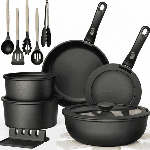 NULAS 21 Piece Pots and Pans Set Non Stick, Stackable RV Kitchen Cooking Set , Cookware Set with Detachable Handle, Dishwasher Safe, Oven Safe, Black