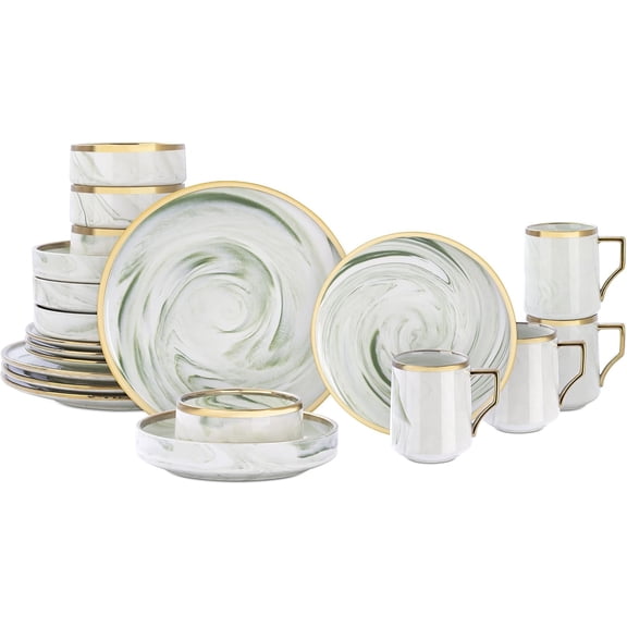 20 Piece Plates and Bowls Sets, Fine China Artisan Marbled Dinner Set for 4, Dishwahser Safe, Scratch Resistant, Green with Gold Line
