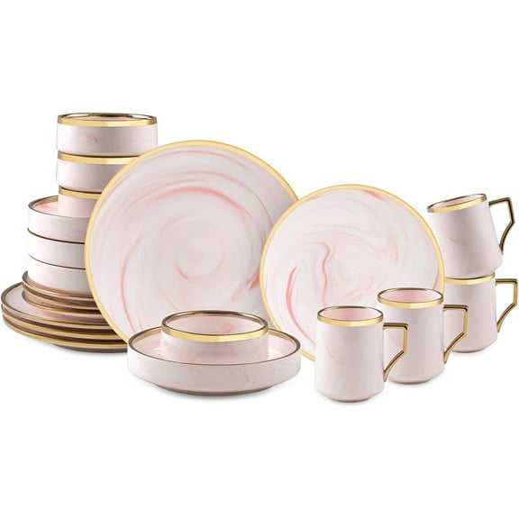 20 Piece Plates and Bowls Sets, Fine China Artisan Marbled Dinner Set for 4, Dishwahser Safe, Scratch Resistant, Pink with Gold Line