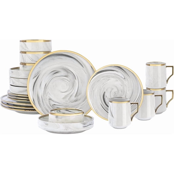 20 Piece Plates and Bowls Sets, Fine China Artisan Marbled Dinner Set for 4, Microwave and Dishwasher Safe, Scratch Resistant, Grey with Gold Line