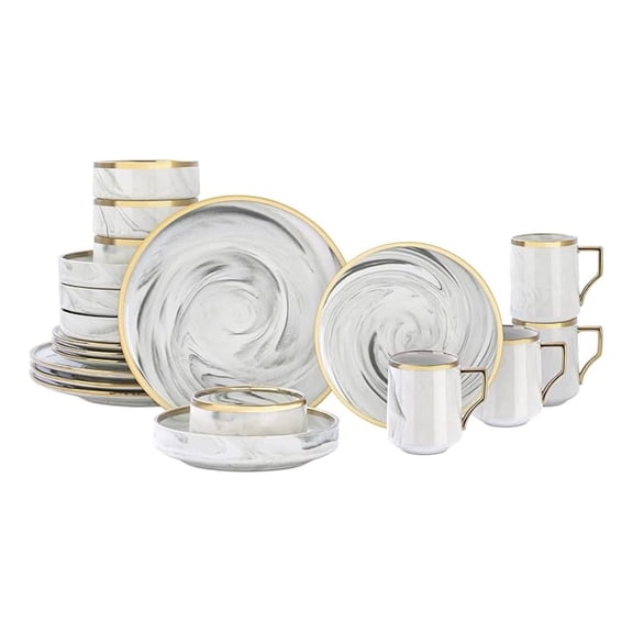 20 Piece Plates and Bowls Sets, Fine China Artisan Marbled Dinner Set for 4, Dishwasher Safe, Scratch Resistant, Grey with Line