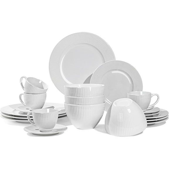 20 Piece Porcelain Dinnerware Set, Premium Plates and Bowls Sets,Cup and Saucer Set,Modern White Dish Set for 4（PWT1604）