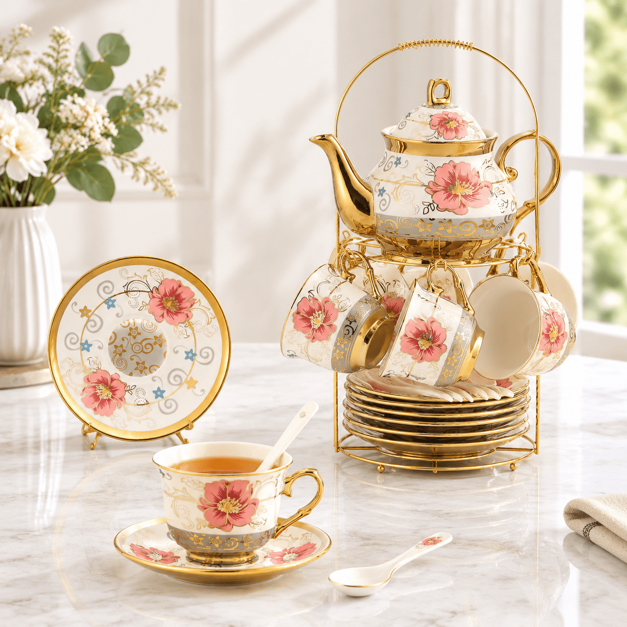 20-Piece Porcelain Tea Cup Set with Metal Holder, White Flower Large ...