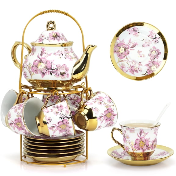 20-Piece Porcelain Tea Set With Metal Holder - Flower Tea Set,Afternoon Tea Tea Set for Home Use or as a Gift for Guests,Purple