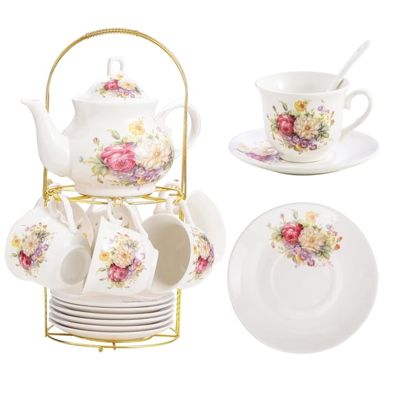 20Piece Porcelain Tea Set for Adults & Women, Comes with Golden Metal Display Rack, Complete Tea Gift Set for Home and Party