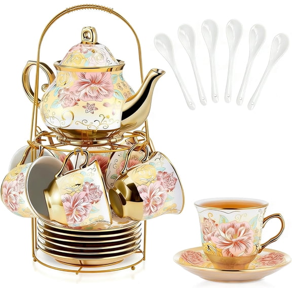 20-Piece Porcelain Tea Set with Metal Holder, 700 ml Teapot, Pink Enamel Finish