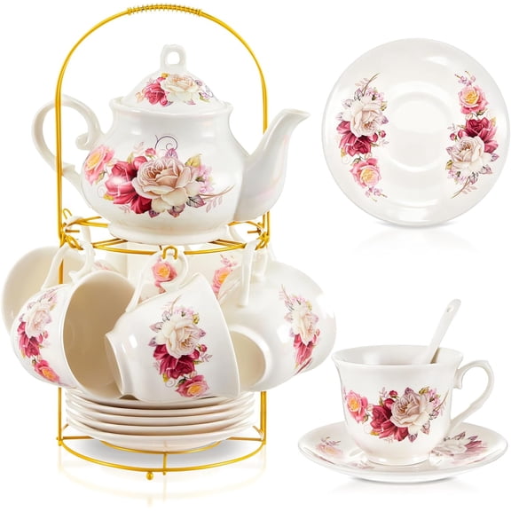20 Piece Porcelain Tea Set with Metal Holder and Spoon, 30 oz Teapot, 8.1 oz Cups, Grace Style