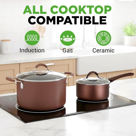 20 Piece Professional Home Kitchen Cookware and Bakeware, Pots and Pans Set Non Stick Kitchenware, Cool-Touch Handles, Safe for Gas, Electric, Induction Cooktops, Easy Clean, Brown