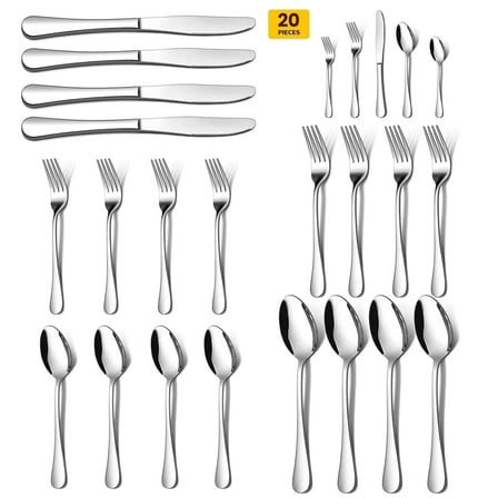 AMBLER 20 Piece Silverware Set, Service for 4 Mirror Polished Knives Forks Spoons Kitchen Utensils Set for Home Kitchen Restaurant