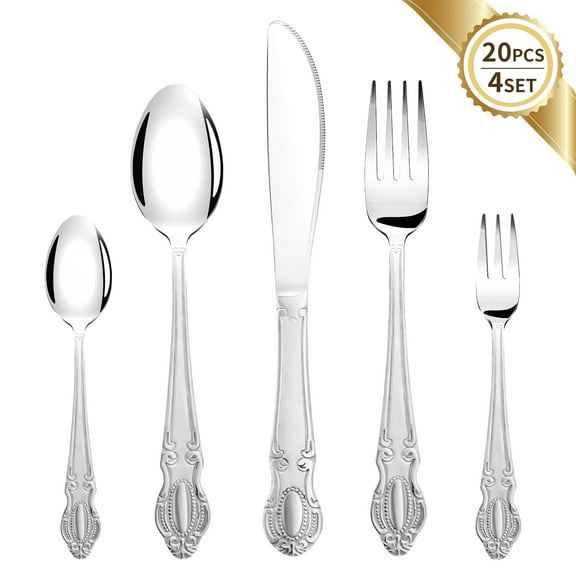 GPED 20 Piece Silverware Set, Stainless Steel Flatware Set for 4, Mirror Tableware Set with Gold Accents, Great for Family Gatherings & Daily Use, Silver