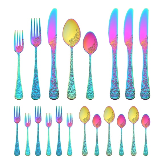 20 Piece Silverware Set, Stainless Steel with Texture Flatware Set for 4, Modern Cutlery Set Includes Dinner Knife, Fork, Spoon Colorful 20