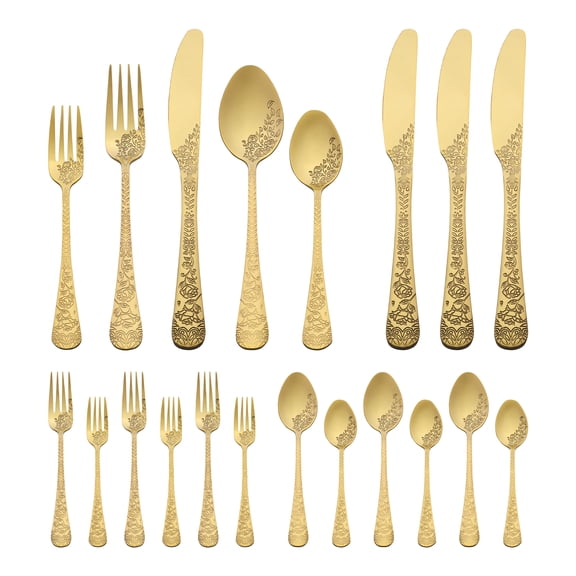 20 Piece Silverware Set, Stainless Steel with Texture Flatware Set for 4, Modern Cutlery Set Includes Dinner Knife, Fork, Spoon Gold 20