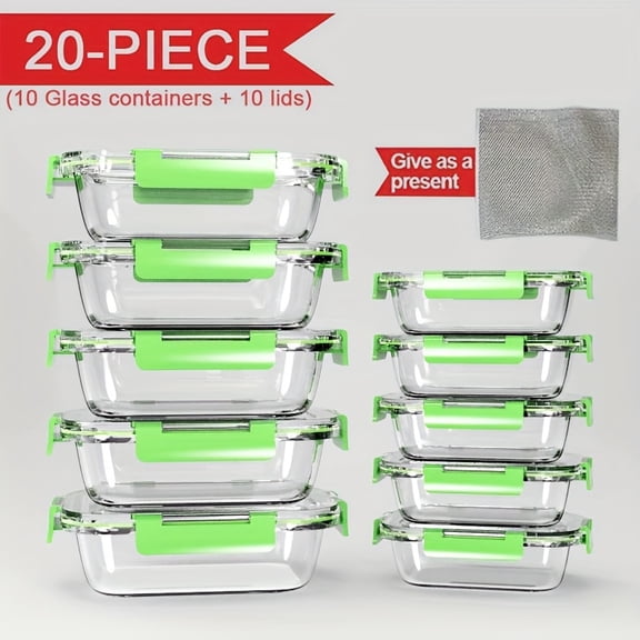 20-Piece Stackable Glass Food Storage Containers (10 Containers + 10 Lids), Airtight Lids, Oven/Microwave/Fridge/Dishwasher Safe, Space-Saving Meal Prep & Pantry Organizer