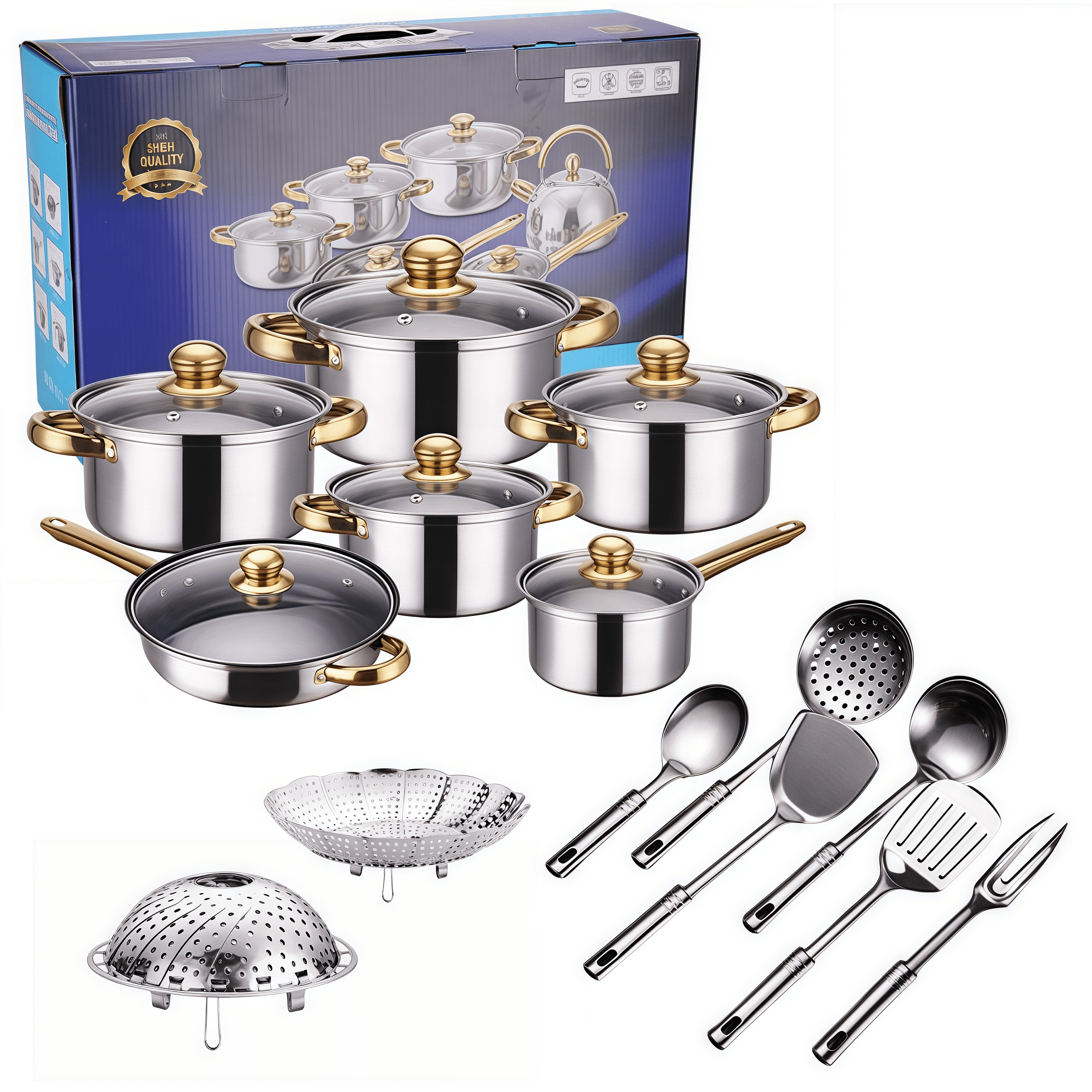 20-Piece Stainless Steel Cookware Set, Pots and Pans Set with Glass Lids and Cooking Utensils, Induction Compatible, Silver