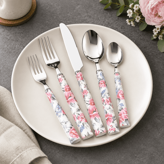 20-Piece Stainless Steel Flatware Set with Peony Print Plastic Handles, Service for 4