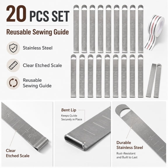 20 Piece Stainless Steel Sewing Clips, Fabric Hemming Clips with Measurement Markings, TIKA