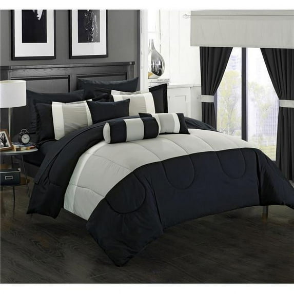 20 Piece Standon Complete Pieced Color Block Bedding, Sheets, Window Panel Collection Queen Bed in a Bag Comforter Set, Black Sheets