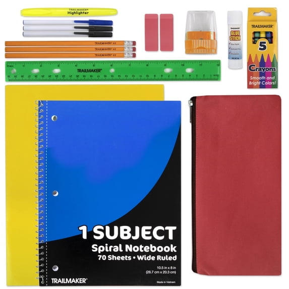 20 Piece Stationary Kits Containing 1 Spiral Notebook, 1 Colored Folder, 3 Ballpoint Pens, 3 Pencils, 5 Crayons, 2 Erasers, 1 Pencil Case, 1 Sharpener, 1 Metric Ruler & More!