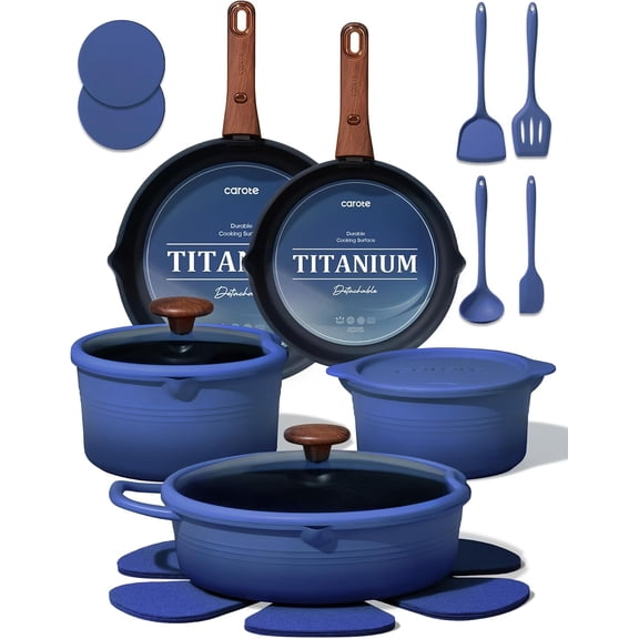 20-Piece Titanium-Reinforced Nonstick Cookware Set with Detachable Handles, Induction Compatible, Dishwasher and Oven Safe, Gradient Blue