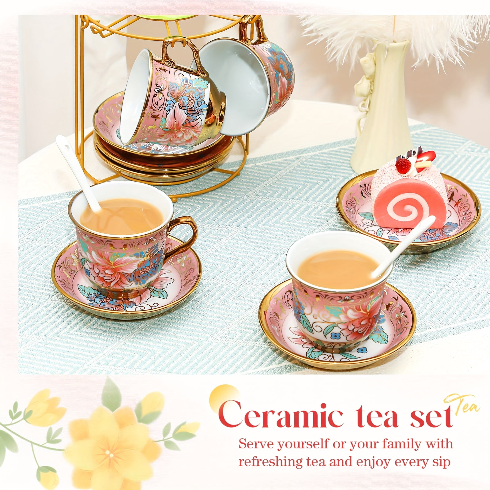 Side Tea Set 20-Piece Vintage Floral Porcelain Tea Set with Metal Stand - 6-Person ...