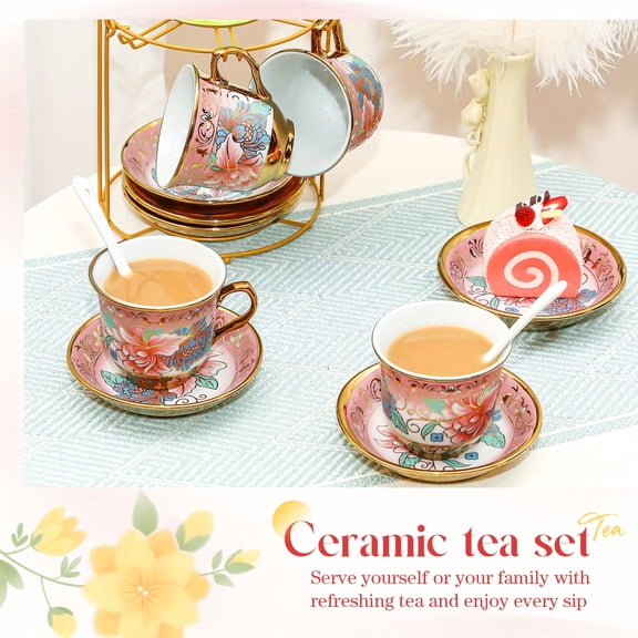 20-Piece Vintage Floral Porcelain Tea Set with Metal Stand - 6-Person European Tea Party Collection