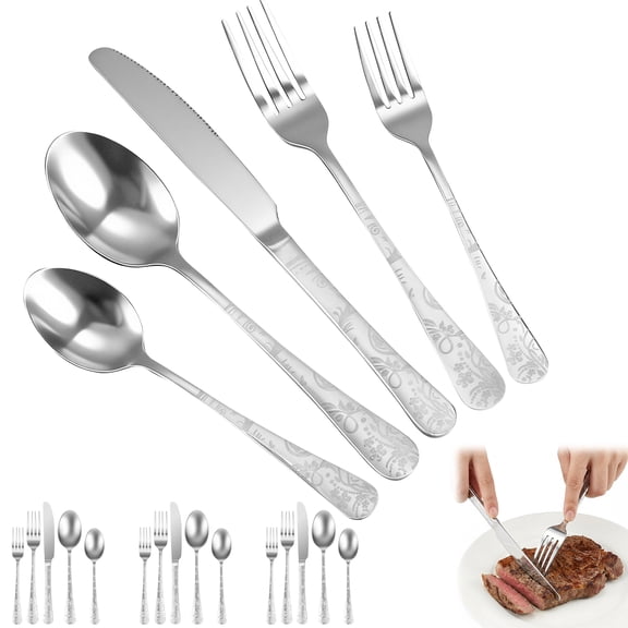 20 Piece Vintage Silverware Set, Stainless Steel Retro Royal Flatware Cutlery Set for 5 with Carved Thick Handles, Tableware Utensils for Home,Party,Restaurant,Wedding,Dishwasher Safe(Silver)