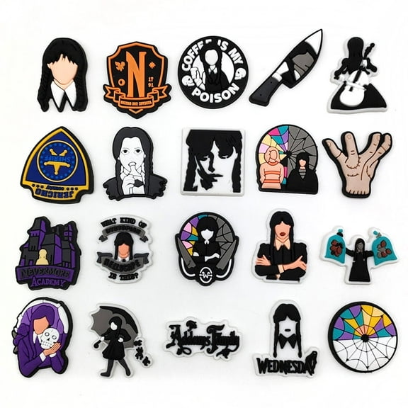 20-Piece Wednesday PVC Shoe Charms Pack, No-Repeat Cute Cartoon Shoes Decorations for Unisex