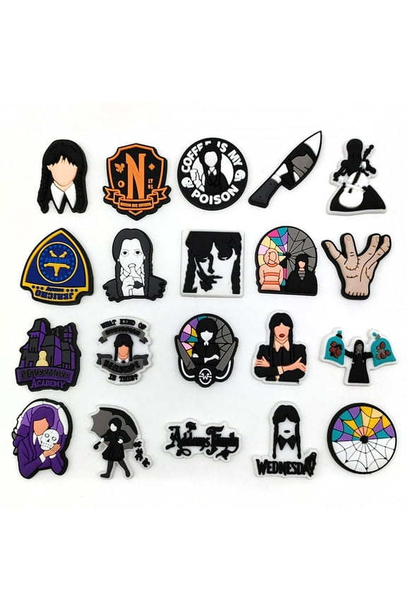 20-Piece Wednesday PVC Shoe Charms Pack, No-Repeat Cute Cartoon Shoes Decorations for Unisex