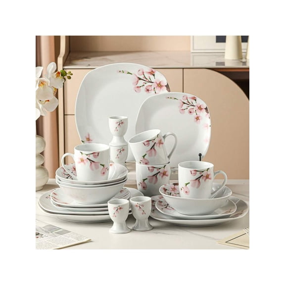 20-Piece White Ceramic Tableware Set With Pink Ceramic Decal, Cherry Blossom, For 4 People, Dinnerware