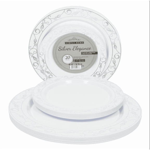 Gibson Home Dinner Plates Set, White with Silver Design Round Serving Plates, 20 Piece Dining Plate Set for Kitchen & Dining