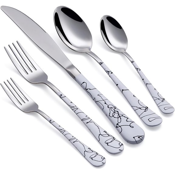 20-Piece White Silverware Set with White Handle 18/0 Stainless Steel Flatware Marbling Handle Cutlery Black Service for 4 Dinner Knives Forks Spoons Set Finish Dishwasher Safe