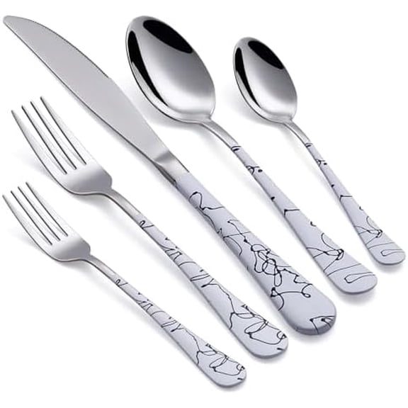 20-Piece White Silverware Set with White Handle 18/0 Stainless Steel Flatware Marbling Handle Cutlery Black Service for 4 Dinner Knives Forks Spoons Set Finish Dishwasher Safe