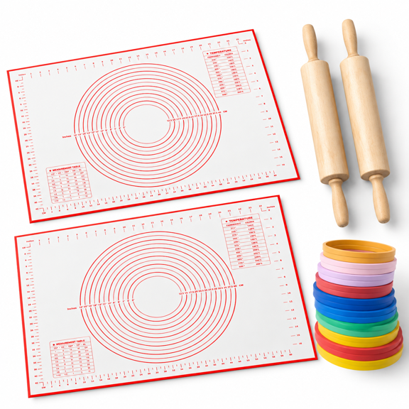 20-Piece Wood Rolling Pin Set with Thickness Rings and Silicone Baking Mats