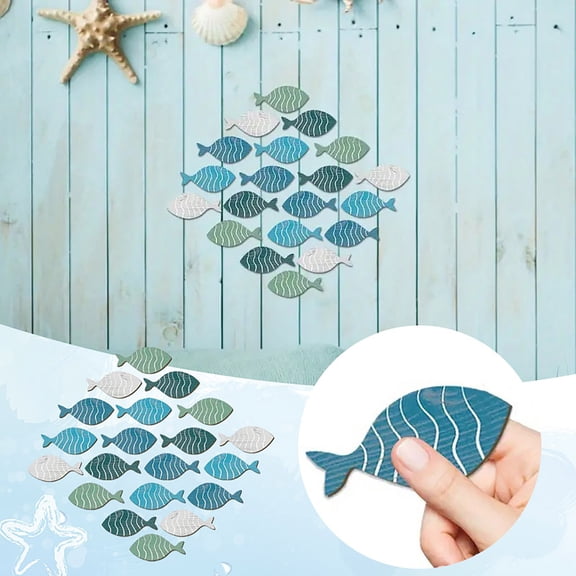20 Piece Wooden Fish Shaped Wall Art Set Nautical Coastal For Indoor Home Decoration 20PCS