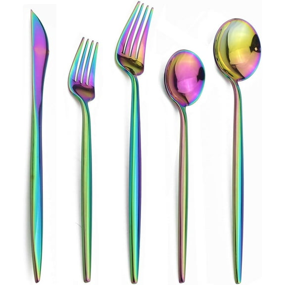 20-Pieces 18/10 Stainless Steel Silverware Set, Colorful Mirror Polishing Rainbow Flatware Set, Kitchen Knife Fork Spoon Utensils, Service for 4