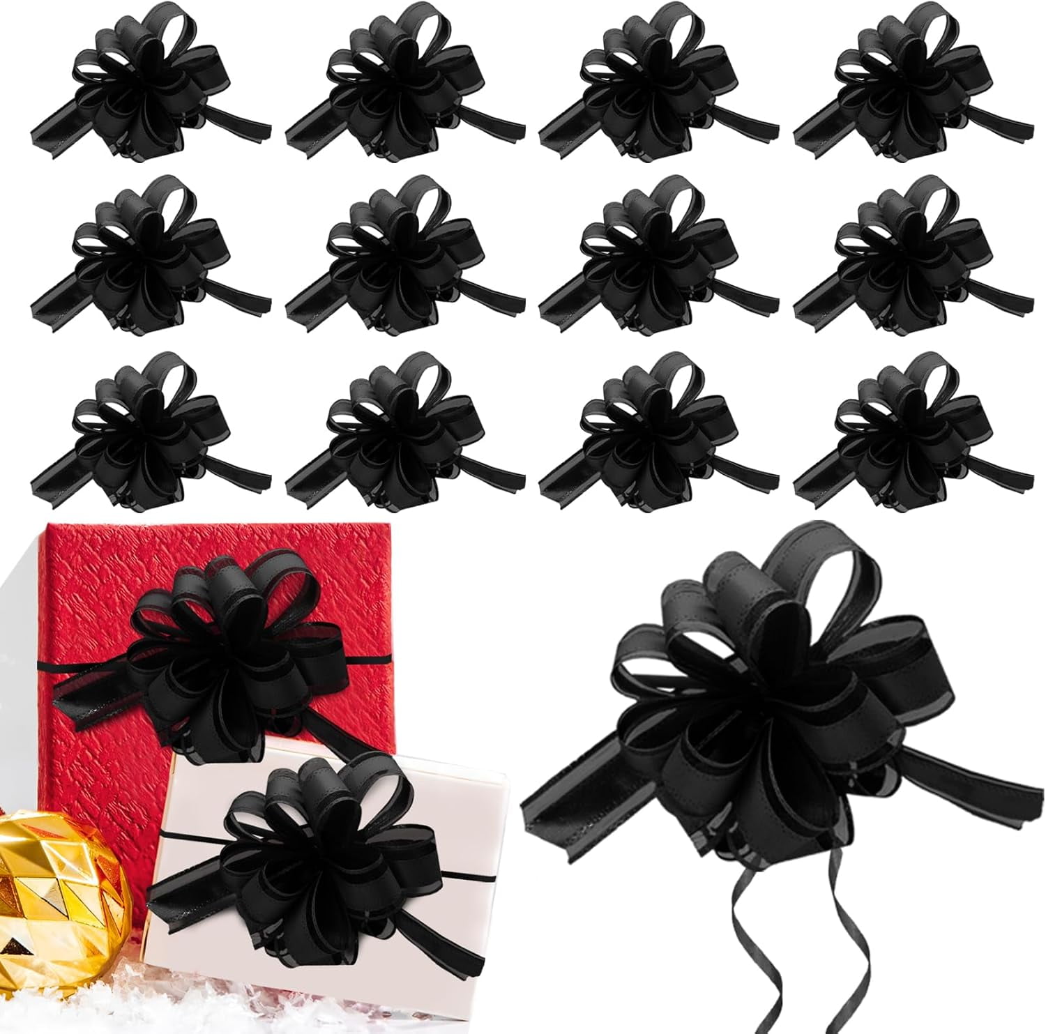 20 Pieces 5 inches Pull Bow Ribbon Black Gift Wrap Bows for Presents, Baskets, Birthday Parties, Flower Bouquets, Festivals Decorations